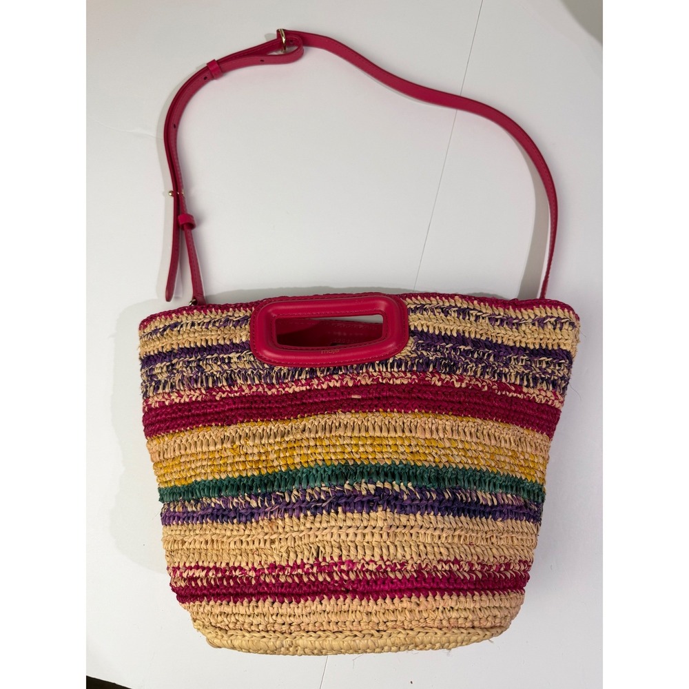 Maje Striped Straw Satchel Multicolor Stripe Pink Raffia Crossbody Euro Summer - Picture 7 of 16